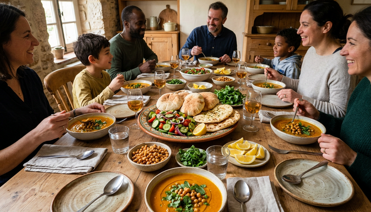 Wide-angle view of a family-style table with carrot soup, bread, salad, and small bowls of toppings.