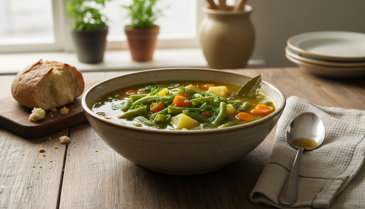 Wide-angle view of a finished bowl of green bean soup on a kitchen table.