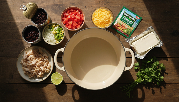 Overhead view of soup ingredients arranged beside a Dutch oven.