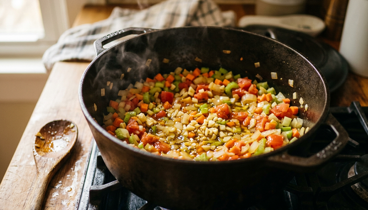 Close-up view of onions, garlic, and tomatoes cooking in a soup pot.