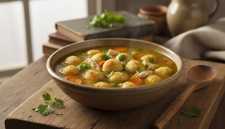 Overhead view of a bowl of Paraguayan vori vori soup with cornmeal dumplings and herbs