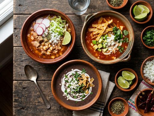 Pozole, tortilla soup, and black bean soup each build flavor in a different way.