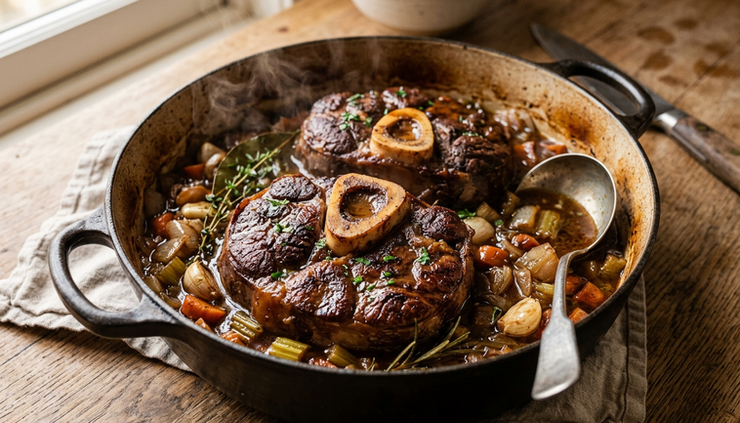 Close-up of browned beef shanks in a Dutch oven with caramelized vegetables around them.