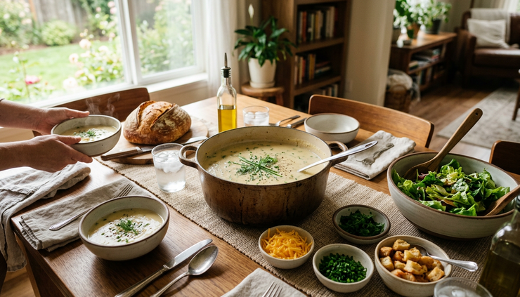Wide-angle view of a family-style table with potato soup, bread, salad, and simple garnishes.