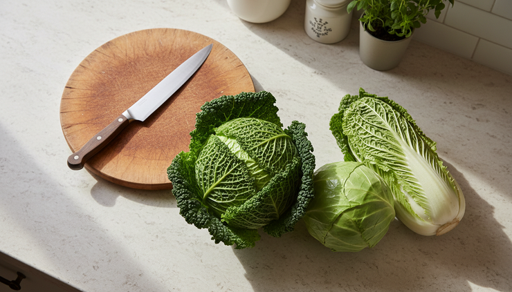 Overhead view of fresh green cabbage, Savoy cabbage, and Napa cabbage on a kitchen counter.
