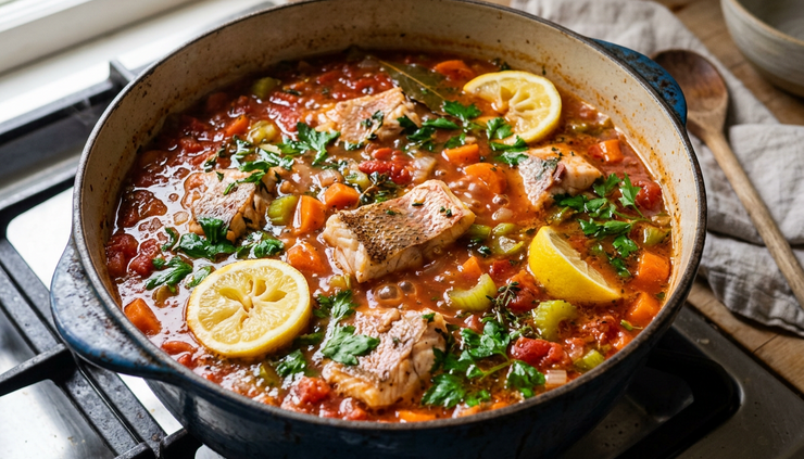 Eye-level view of red snapper pieces simmering gently in a tomato herb broth.