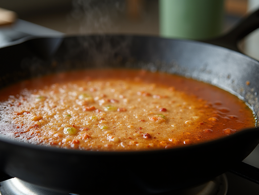 Rich brown fond simmering in a cast iron skillet