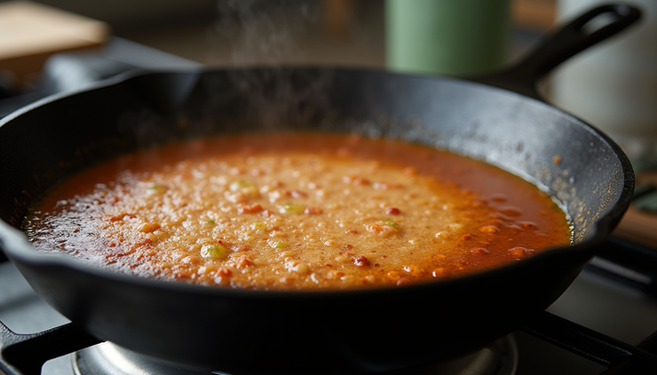 Close-up view of a cast iron skillet with rich brown fond and deglazing liquid simmering