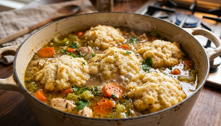 Close-up of fluffy dumplings simmering on top of chicken soup in a Dutch oven.