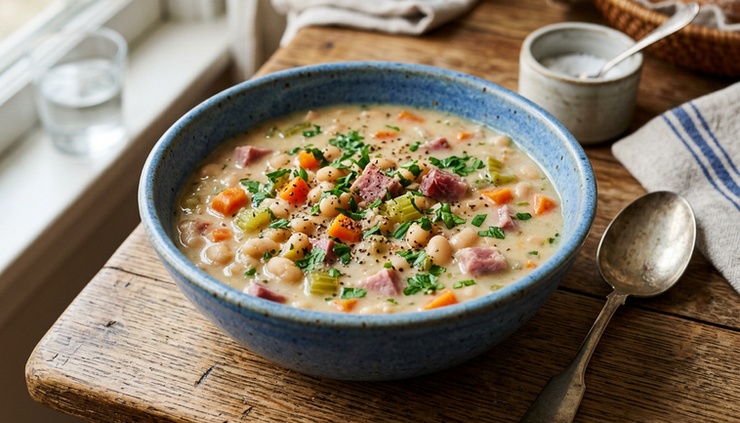 Close-up of creamy navy bean soup in a blue ceramic bowl