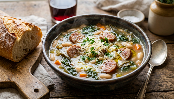 Eye-level view of a steaming bowl of white bean and sausage soup served with bread
