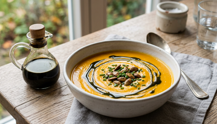 Eye-level view of creamy pumpkin soup with dark pumpkin seed oil and toasted seeds.