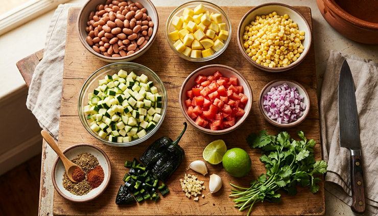 Overhead view of fresh zucchini, corn, tomatoes, poblano pepper, beans, and herbs arranged for soup