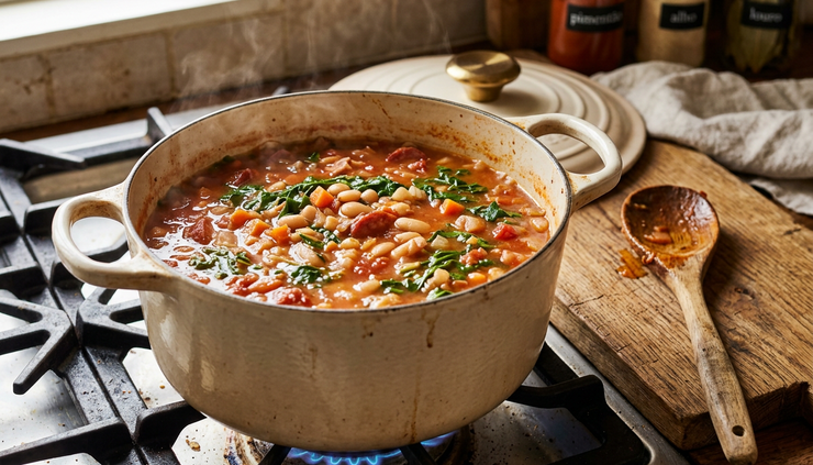 Eye-level view of butter bean soup simmering in a Dutch oven.