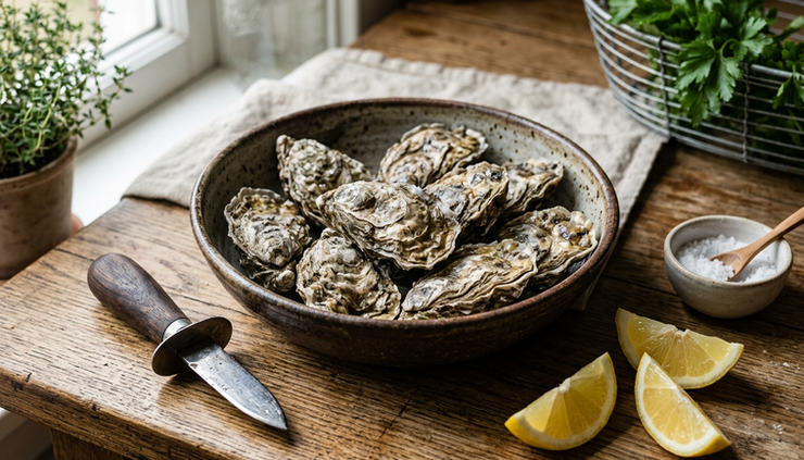 Close-up view of fresh oysters in a bowl with a shucking knife and lemon wedges
