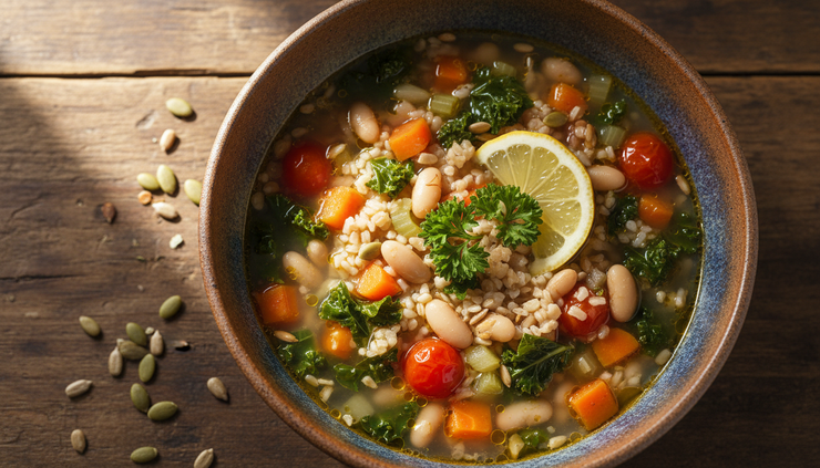 Overhead view of a navy bean soup bowl with grains, vegetables, and warm broth.