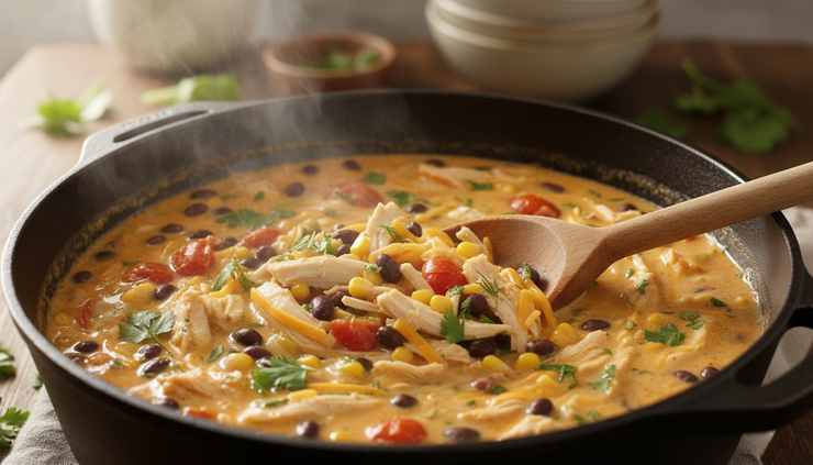 Close-up of a wooden spoon stirring creamy chicken ranch soup in a pot.