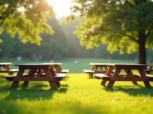 Community park picnic area with tables and open space