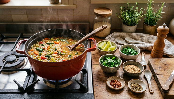 Wide-angle view of a simmering pot of quinoa soup with bowls and garnishes nearby.