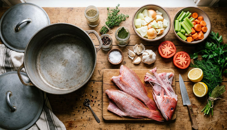 Overhead view of red snapper soup ingredients arranged on a kitchen counter.