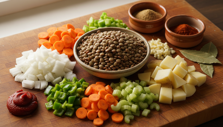 Close-up of rinsed lentils, diced vegetables, and spices arranged on a cutting board