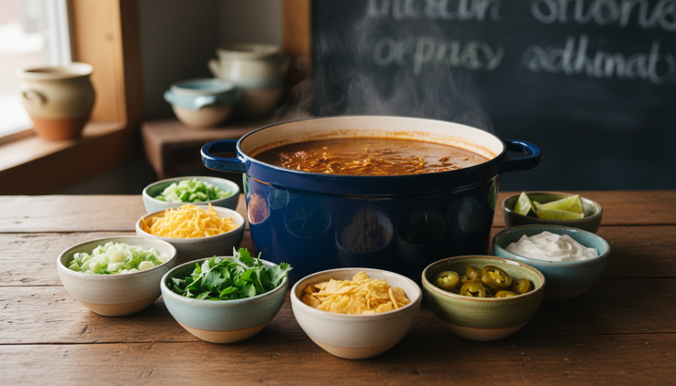 Eye-level view of soup toppings in small bowls beside a pot.