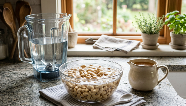 Close-up of soaked raw cashews in a glass bowl beside a blender jar.