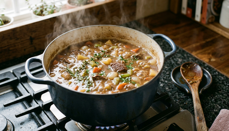 Eye-level view of beef stew simmering in a Dutch oven on a stovetop.
