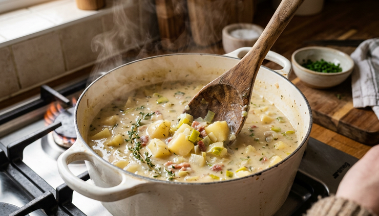 Close-up view of a wooden spoon stirring creamy potato soup in a Dutch oven.