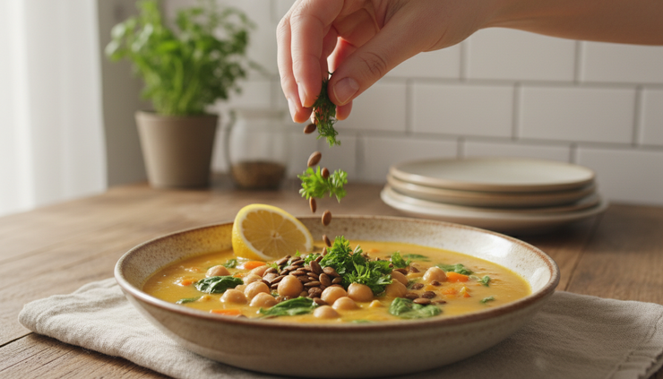 Eye-level view of a cook adding fresh dill, lemon, and seeds to a steaming Greek revitha souper bowl.