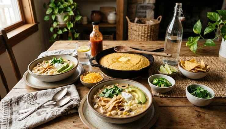 Wide-angle view of a finished white chicken chili dinner with cornbread, lime wedges, and garnishes on a wooden table.
