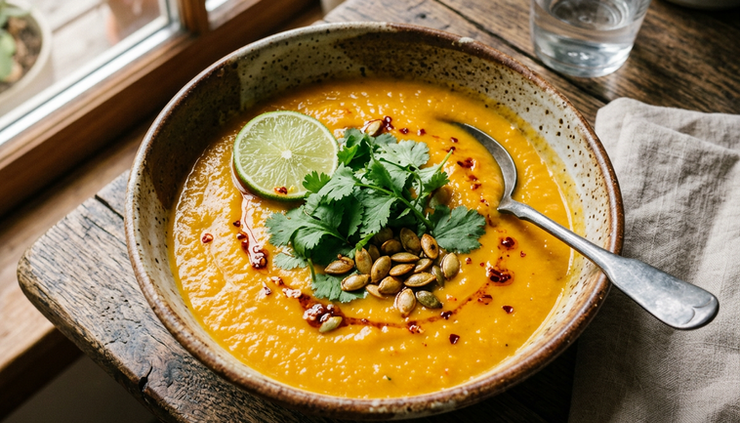 Close-up of finished habanero squash soup with lime and herbs