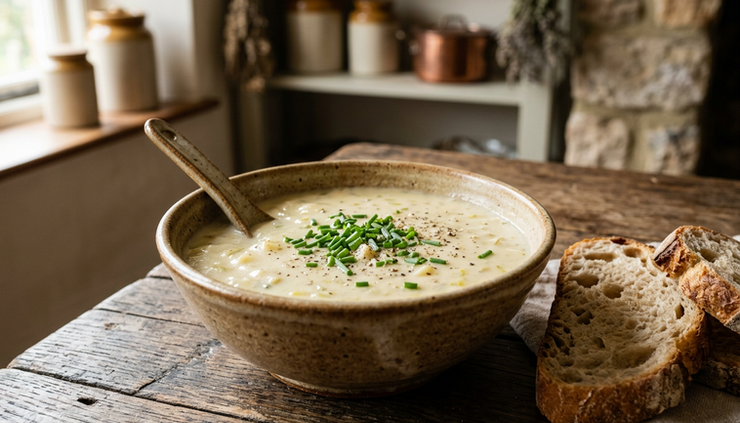 Eye-level view of creamy leek soup in a rustic bowl with herbs and bread