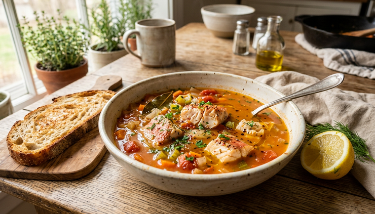 Wide-angle view of a finished bowl of red snapper soup served with herbs and bread.