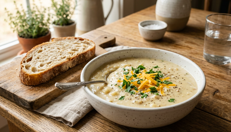 Eye-level view of creamy Irish potato soup in a white bowl with herbs and crusty bread.