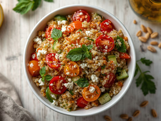 Colorful quinoa salad with fresh vegetables and herbs, perfect for a picnic