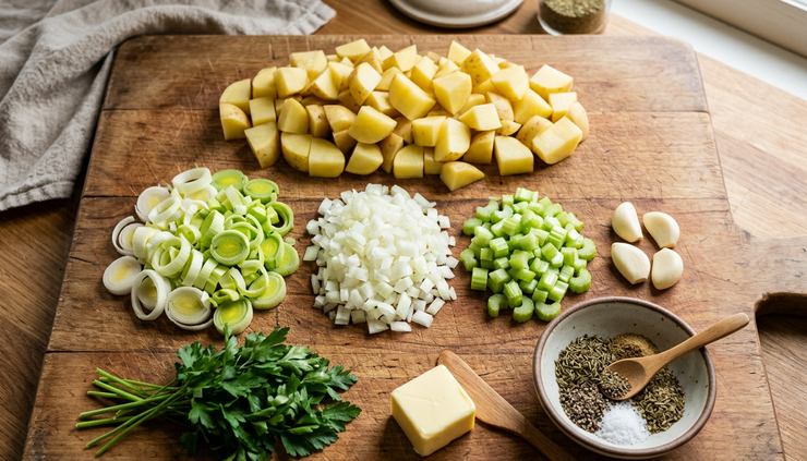 Overhead view of potatoes, leeks, onion, herbs, and soup seasoning arranged on a wooden board.