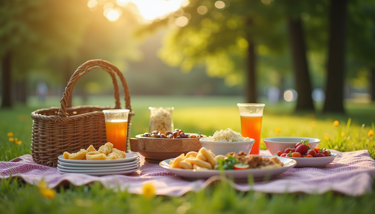 Eye-level view of a picnic blanket spread with colorful dishes and nature around
