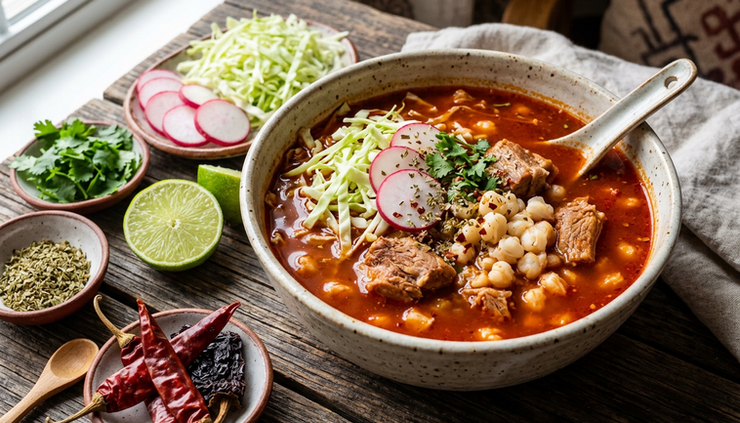 Close-up of pozole rojo with pork shoulder, hominy, cabbage, radishes, and lime.