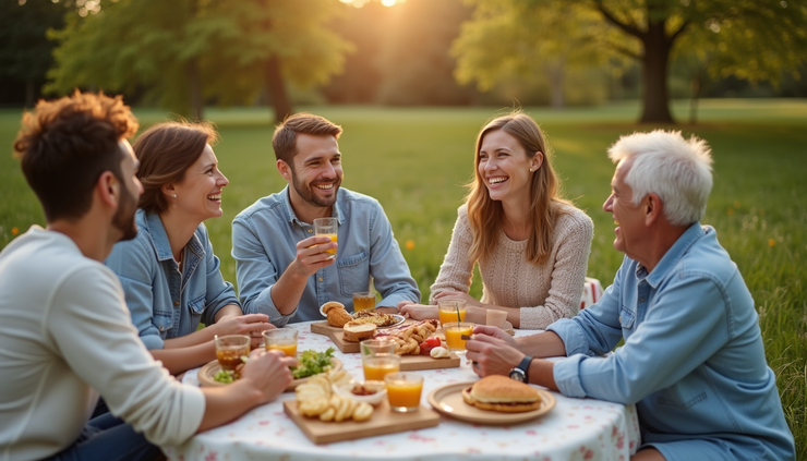 High angle view of a group sitting on a picnic blanket sharing food and laughing