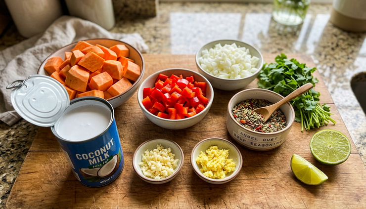 Close-up view of cubed sweet potatoes, coconut milk, herbs, and aromatics on a cutting board.