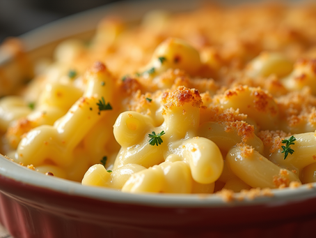 Golden baked mac and cheese with crispy breadcrumb topping
