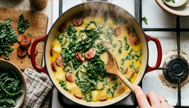 Overhead view of a pot of caldo verde being stirred with greens added