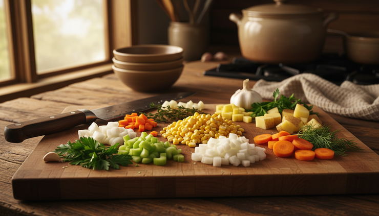 Close-up view of sweet corn kernels and diced soup vegetables on a cutting board