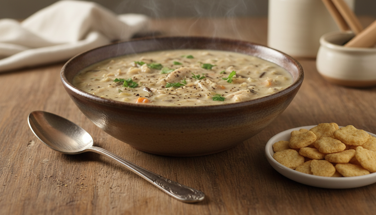 Three-quarter view of a finished bowl of wild rice soup with parsley garnish and oyster crackers nearby