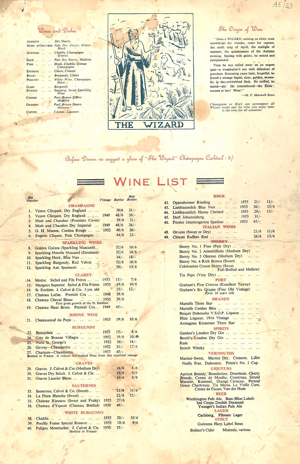 The Wizard Wine List c. 1960s (courtesy Cheshire Archives)