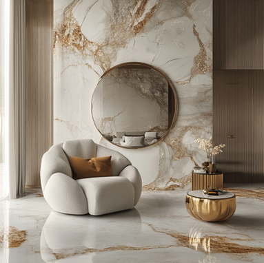 round mirror on a marble wall with an accent chair