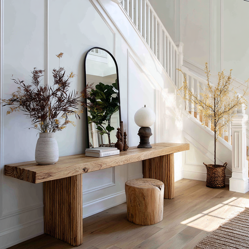wooden console table in modern entryway