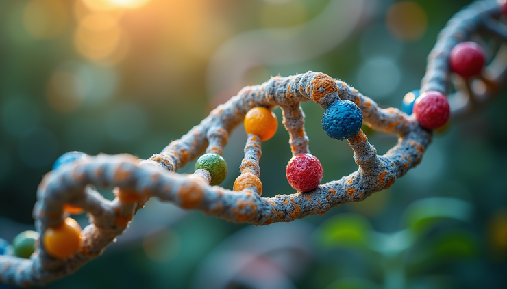 Close-up view of DNA strands with nutrient molecules