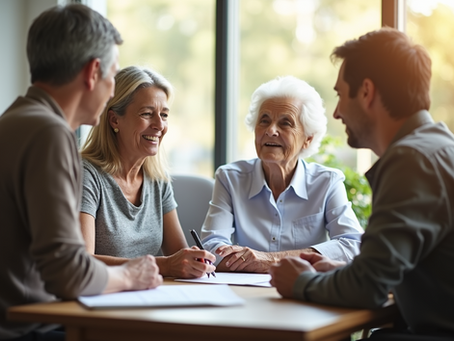 Older person sitting with family members and a support professional, discussing future care planning documents at a table.
